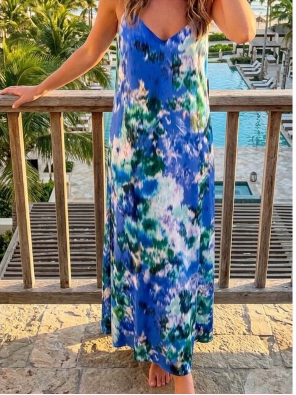 Nicole Miller Watercolor Floral Maxi Dress Blue Green Size Medium